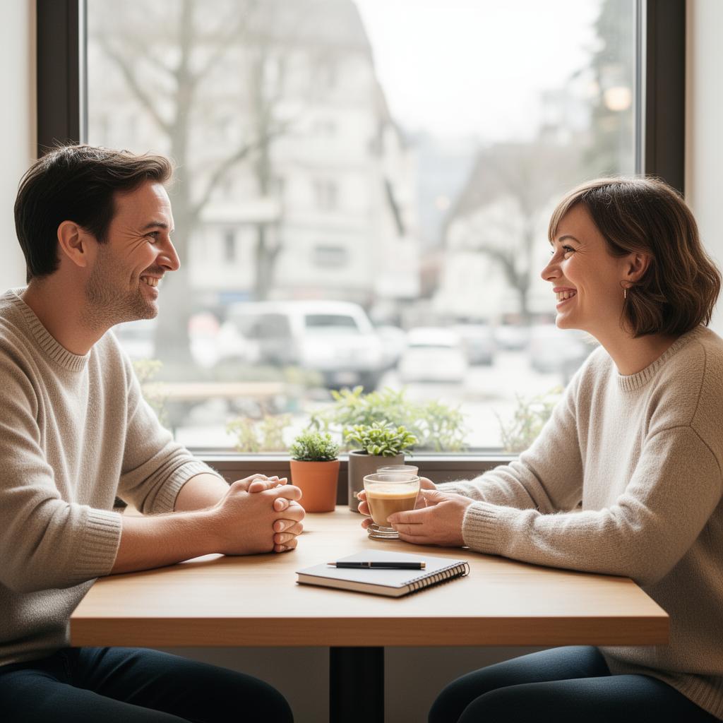Due adulti conversano in inglese al tavolo di un caffè luminoso