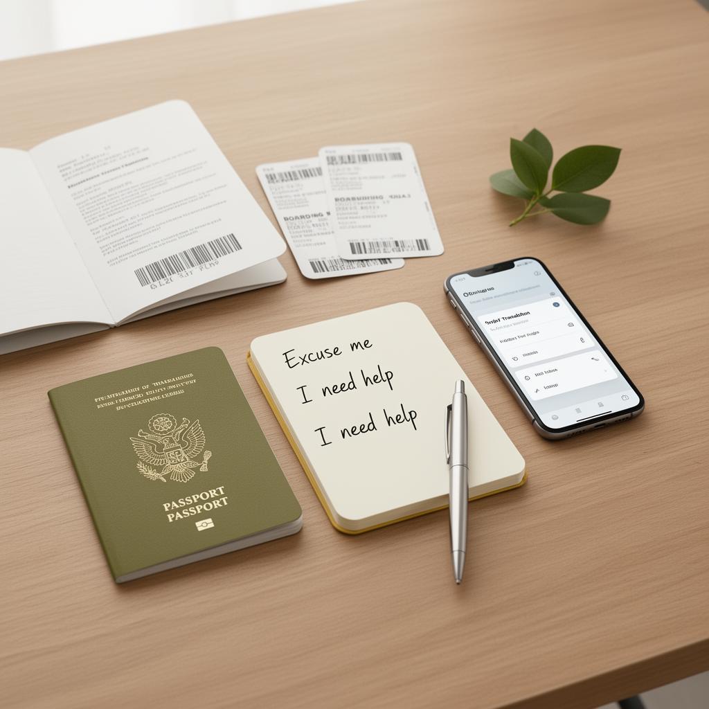 Tavolo da viaggio con passaporto, carta d'imbarco, smartphone e quaderno con frasi in inglese