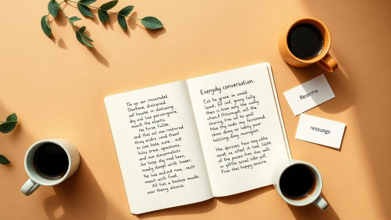 Tavolino con caffè e quaderno, atmosfera sobria